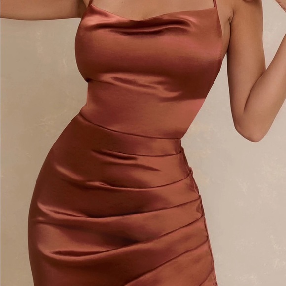 Club L Dresses Club L London Risk It All Rust Cowl Neck Midi Ruched